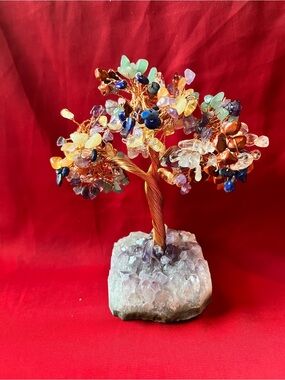 Gemstone Wire Tree Sculpture - Multicolor Decorative Home Art 5”x3”